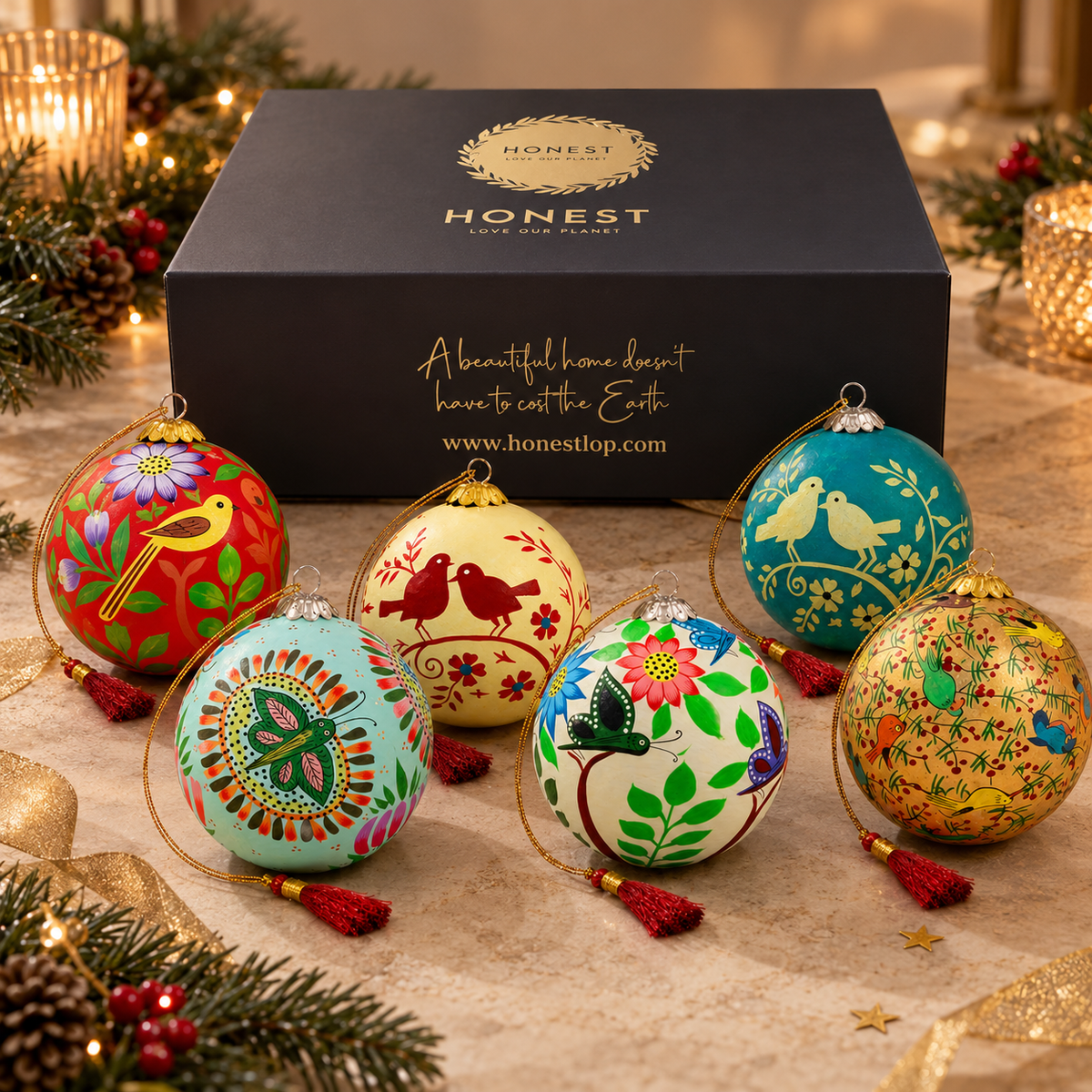 Luxury Box (Magical Birds Collection) - Pack of 6 Handmade Baubles - Best Christmas Gift