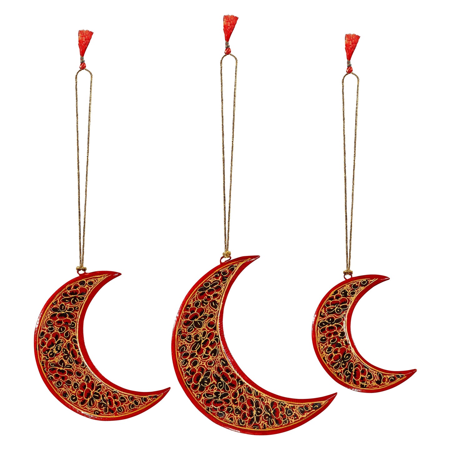 Assorted Crescent Moon (Wood) Christmas Ornaments- Set of 3