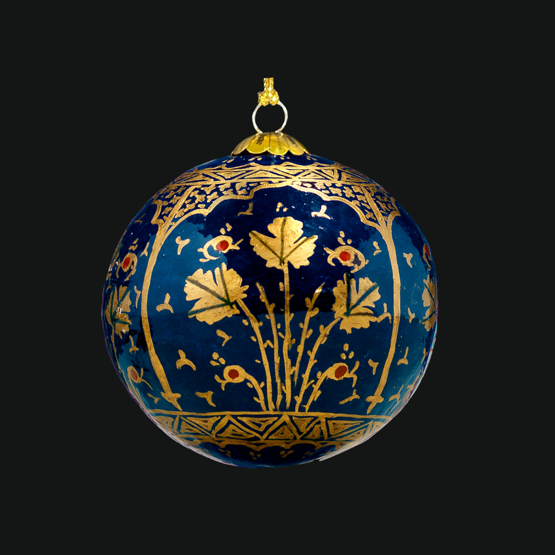 Navy chinar temple handmade bauble for All Our Products are Hand-Painted, made from Recycled Paper.  Size 3 inches for all Baubles and comes in beautifully crafted individual Boxes.  Material : Recycled Paper