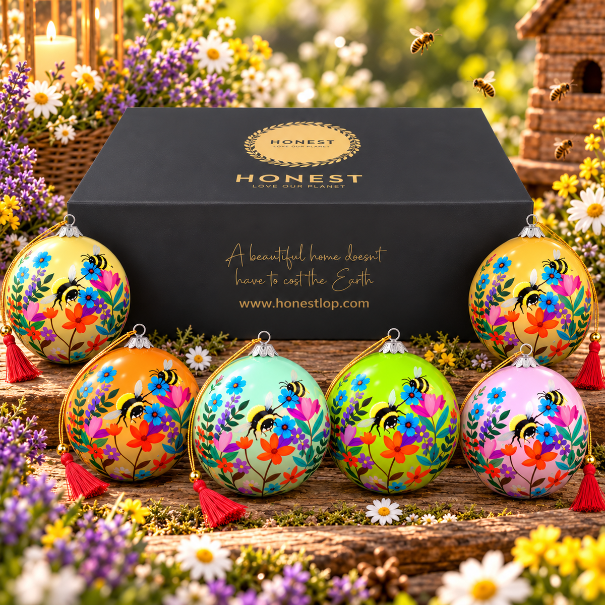 Luxury Box (Bee Garden Collection) - Pack of 6 Handmade Baubles - Best Christmas Gift