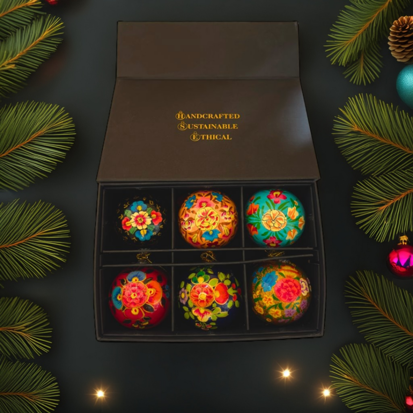 Luxury Box (Blooms Collection) - Pack of 6 Handmade Baubles - Best Christmas Gift