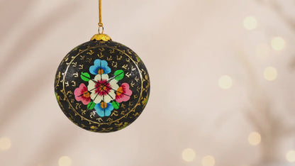 Black Blooms Christmas Bauble – Handmade Paper Mâché (3 inch)