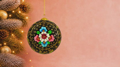 Black Blooms Christmas Bauble – Handmade Paper Mâché (3 inch)