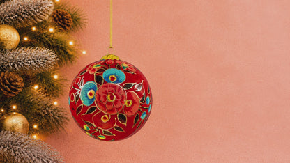 🎄 Red Blooms Christmas Bauble – Handmade Paper Mâché Ornament