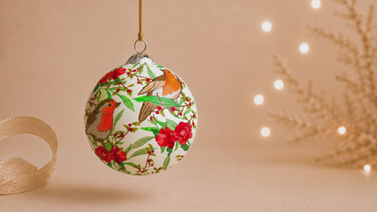 Robin & Roses Christmas Bauble – Hand-Painted, Eco-Friendly Christmas Tree Decoration
